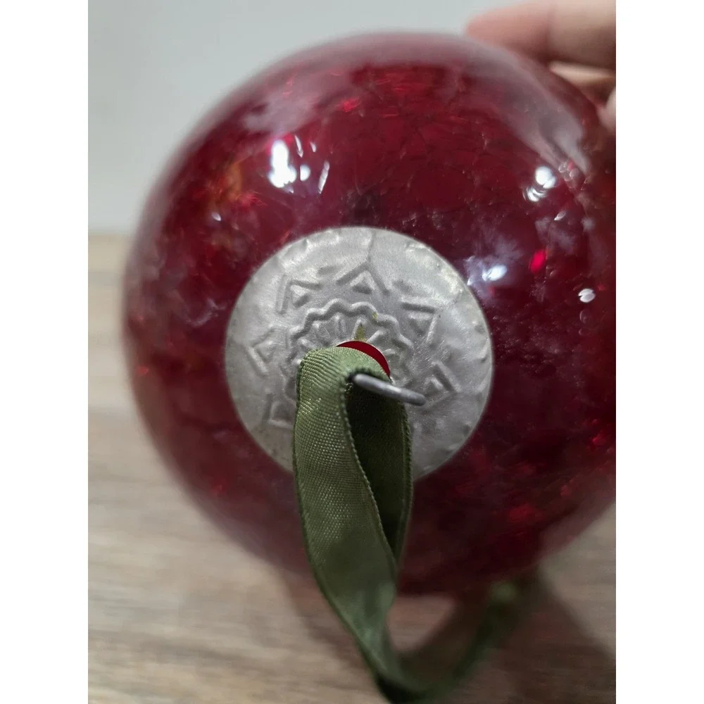 Large Ruby Red Vintage Kugel Style Crackle Glass Decorative Ornament Christmas